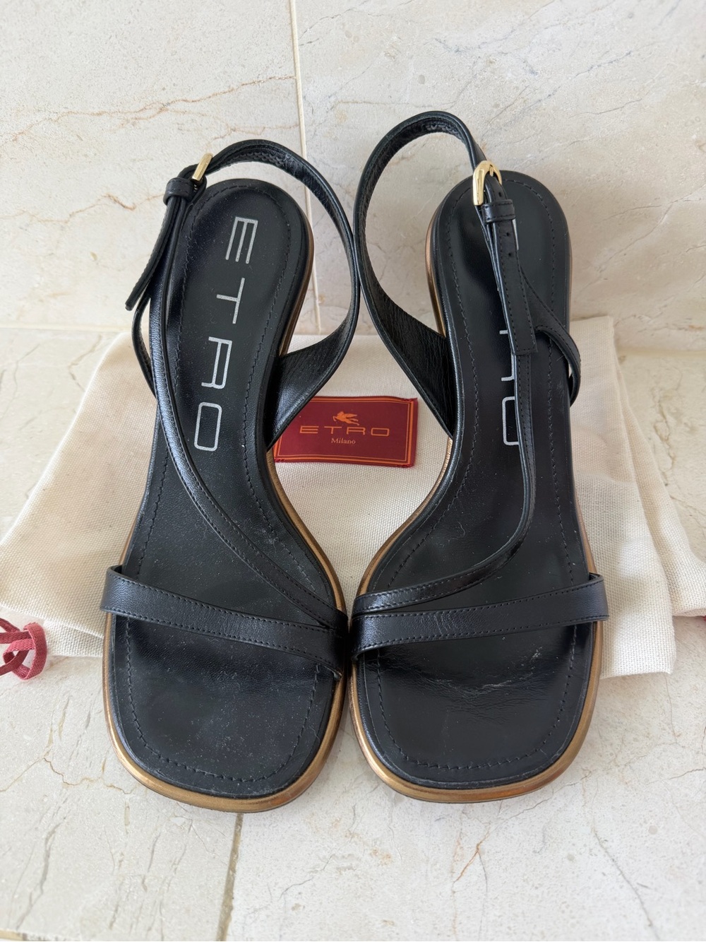 Etro Black Leather Slingback Heeled Sandals heels with Gold accent size 38 8